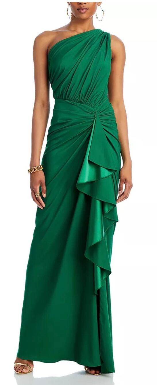 Tadashi Shoji Lena One-Shoulder Drape Gown in Green, Size 10